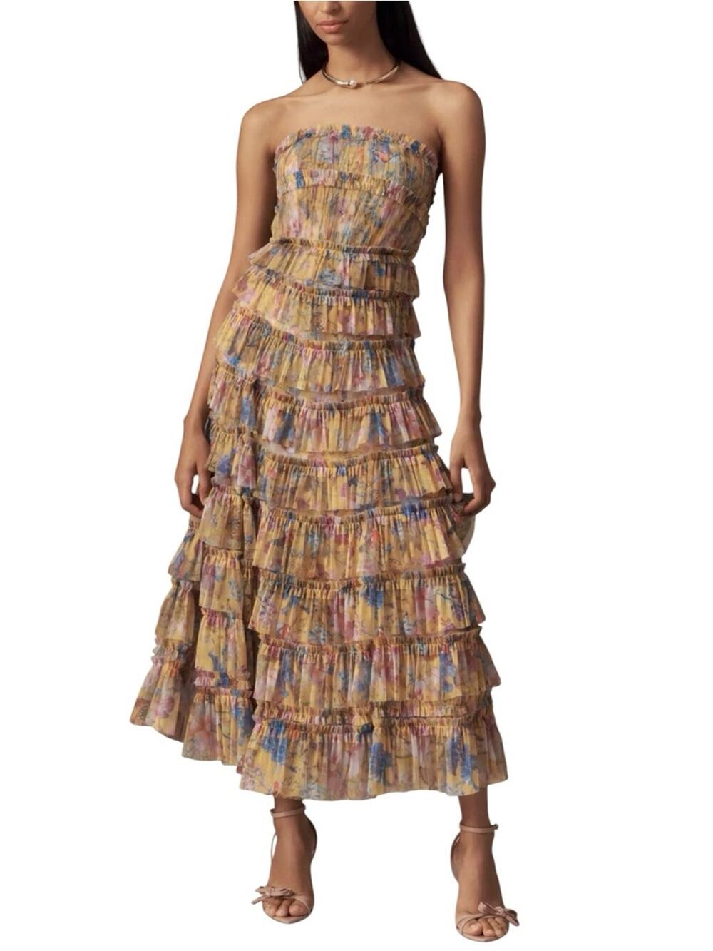 NWT Mac Duggal Strapless Tiered Ruffled Mesh A-Line Midi Dress Yellow  Sz 12